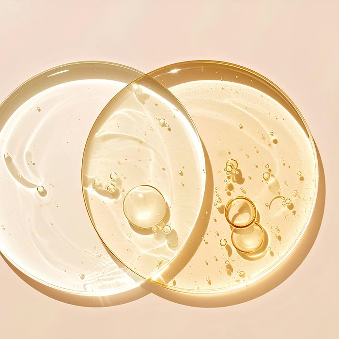 Gels et sérums coréens transparents dans deux coupelles en verre